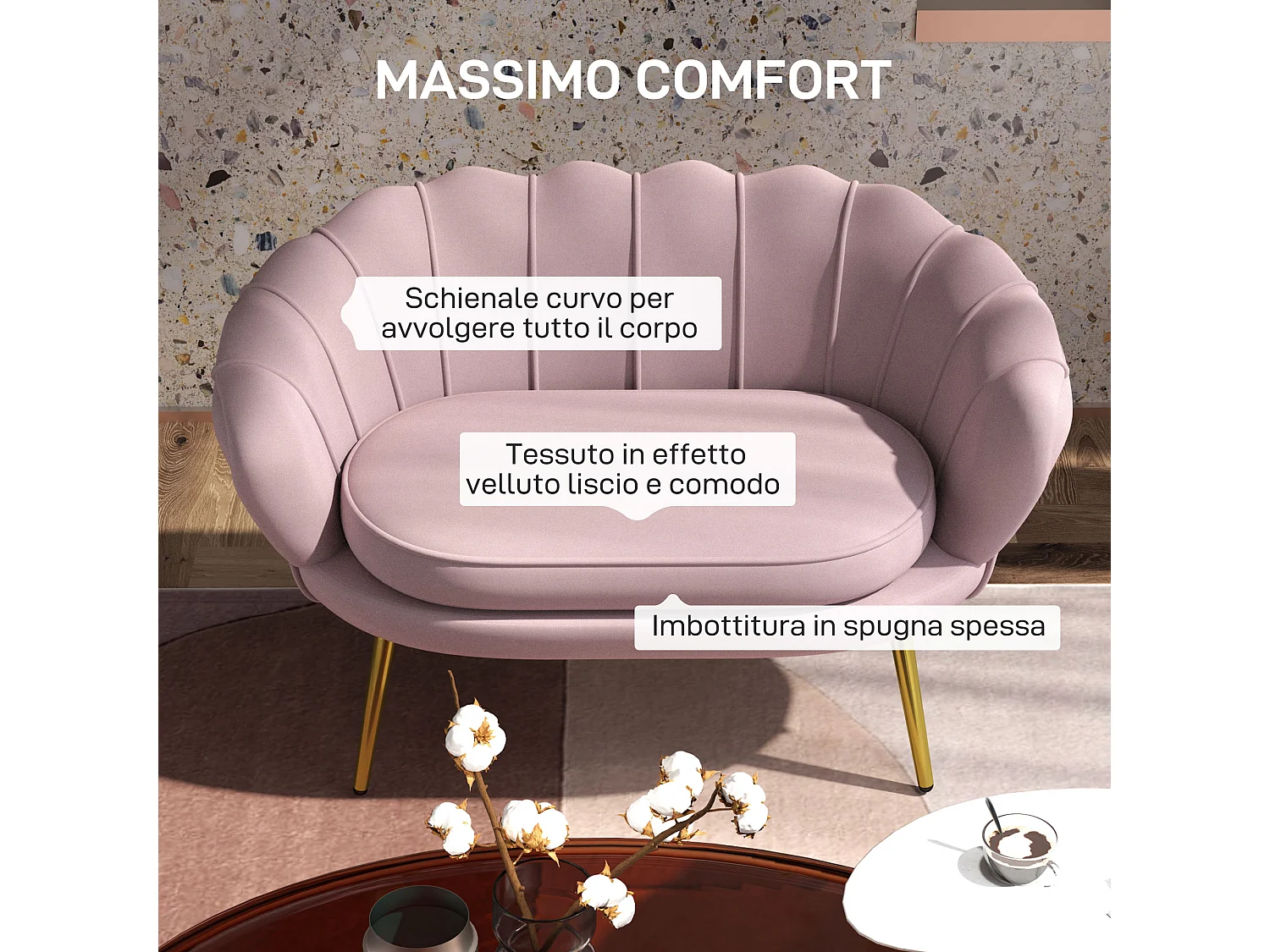 Divano vintage 2 posti stile industrial chic effetto velluto rosa