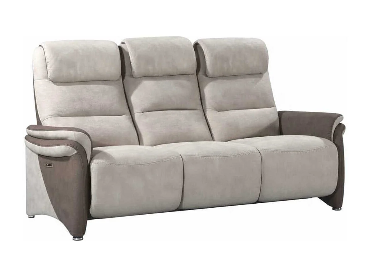 Canapé 3 places fixe tissu micro peau brun et mastic avec tablette centrale imitation noyer - NADIR