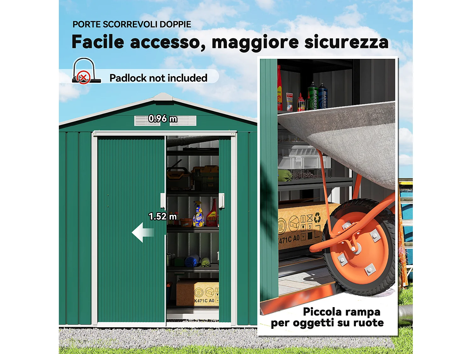 Casetta da giardino in lamiera porte scorrevoli 213x130x185cm