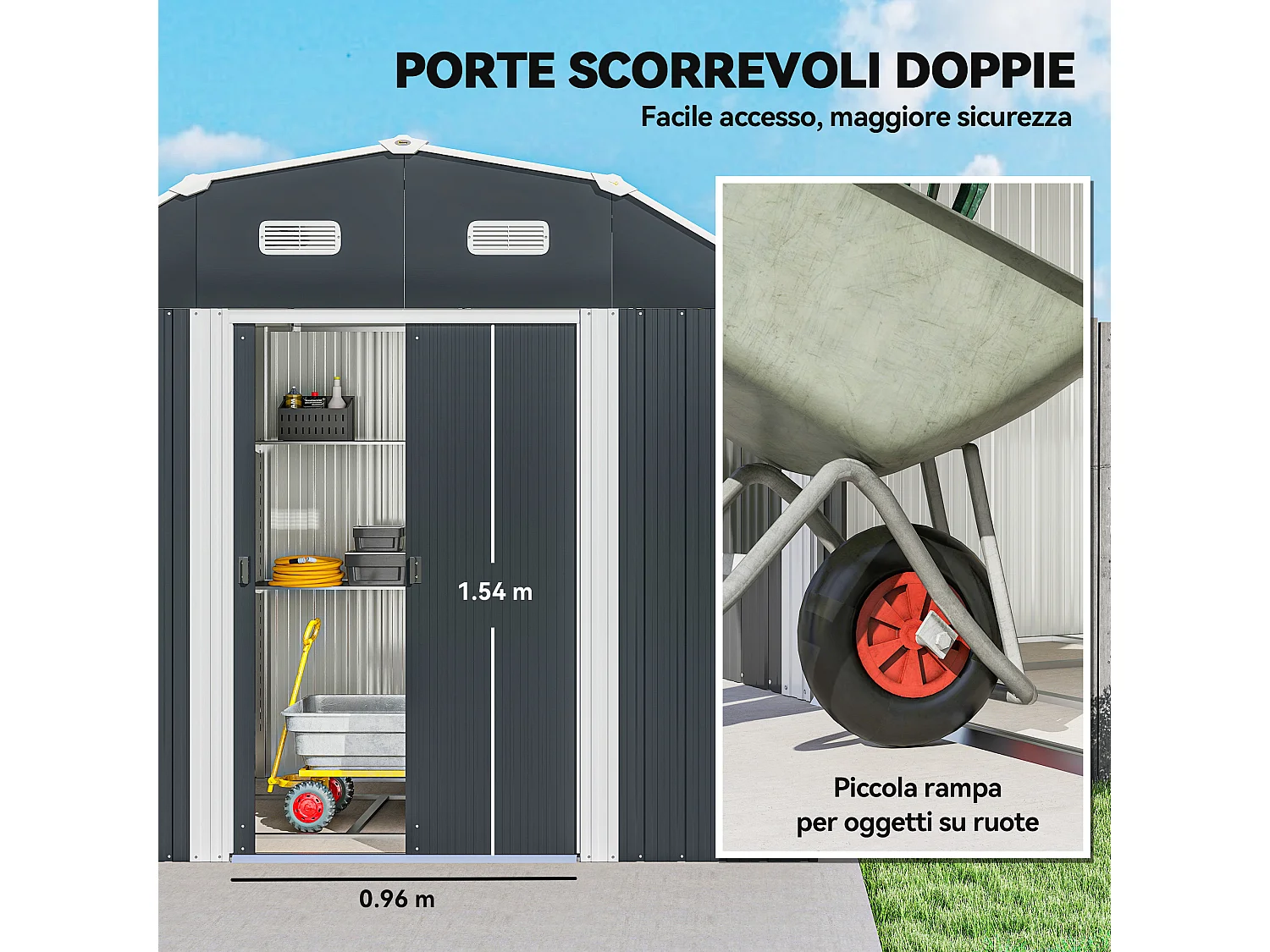 Capanno porta attrezzi con ripiani regolabili e 2 finestre grigio