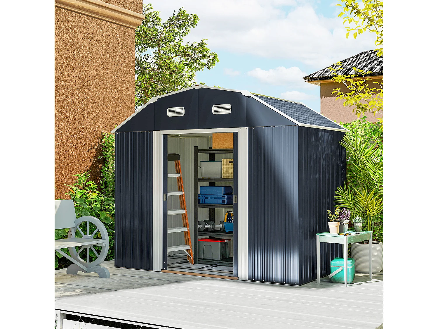 Capanno porta attrezzi con ripiani regolabili e 2 finestre grigio