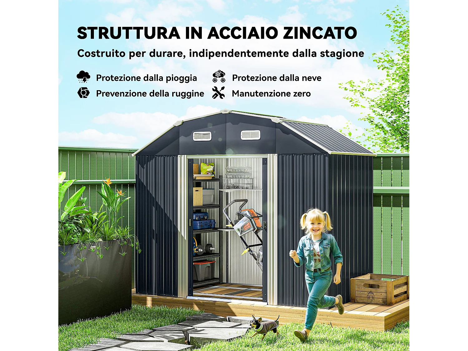 Capanno porta attrezzi con ripiani regolabili e 2 finestre grigio