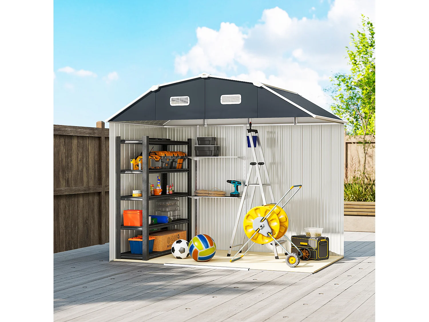 Capanno porta attrezzi con ripiani regolabili e 2 finestre grigio