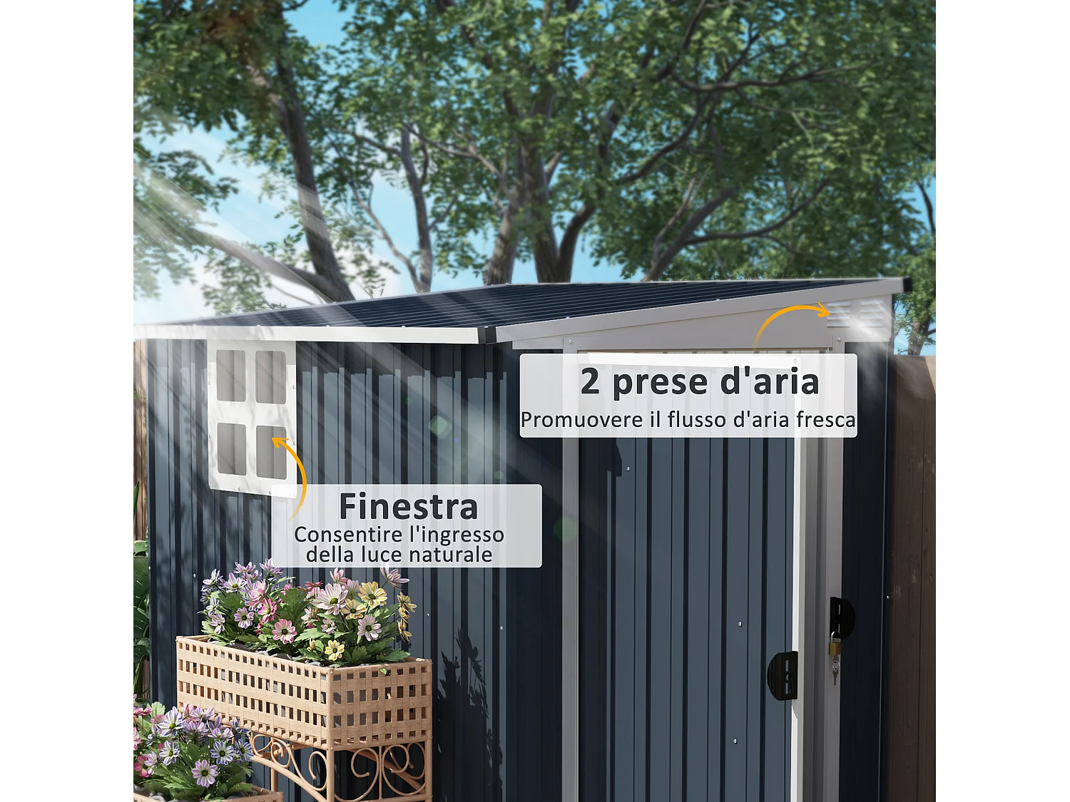 Casetta da giardino 2.6m² in acciaio zincato con 2 prese d'aria