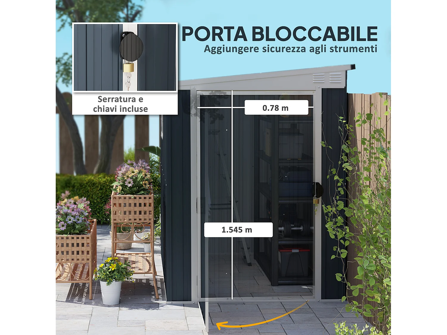 Casetta da giardino 2.6m² in acciaio zincato con 2 prese d'aria