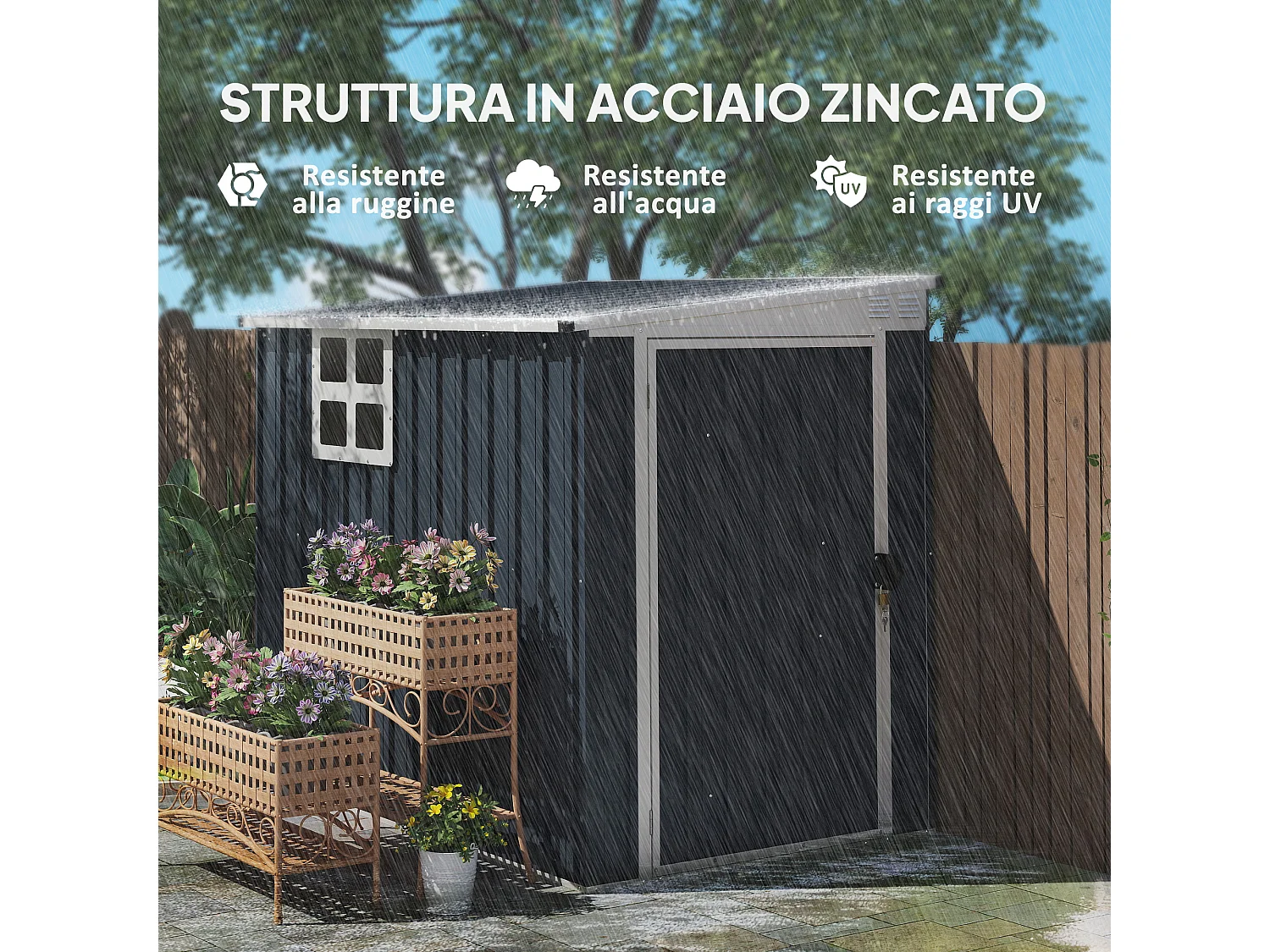 Casetta da giardino 2.6m² in acciaio zincato con 2 prese d'aria