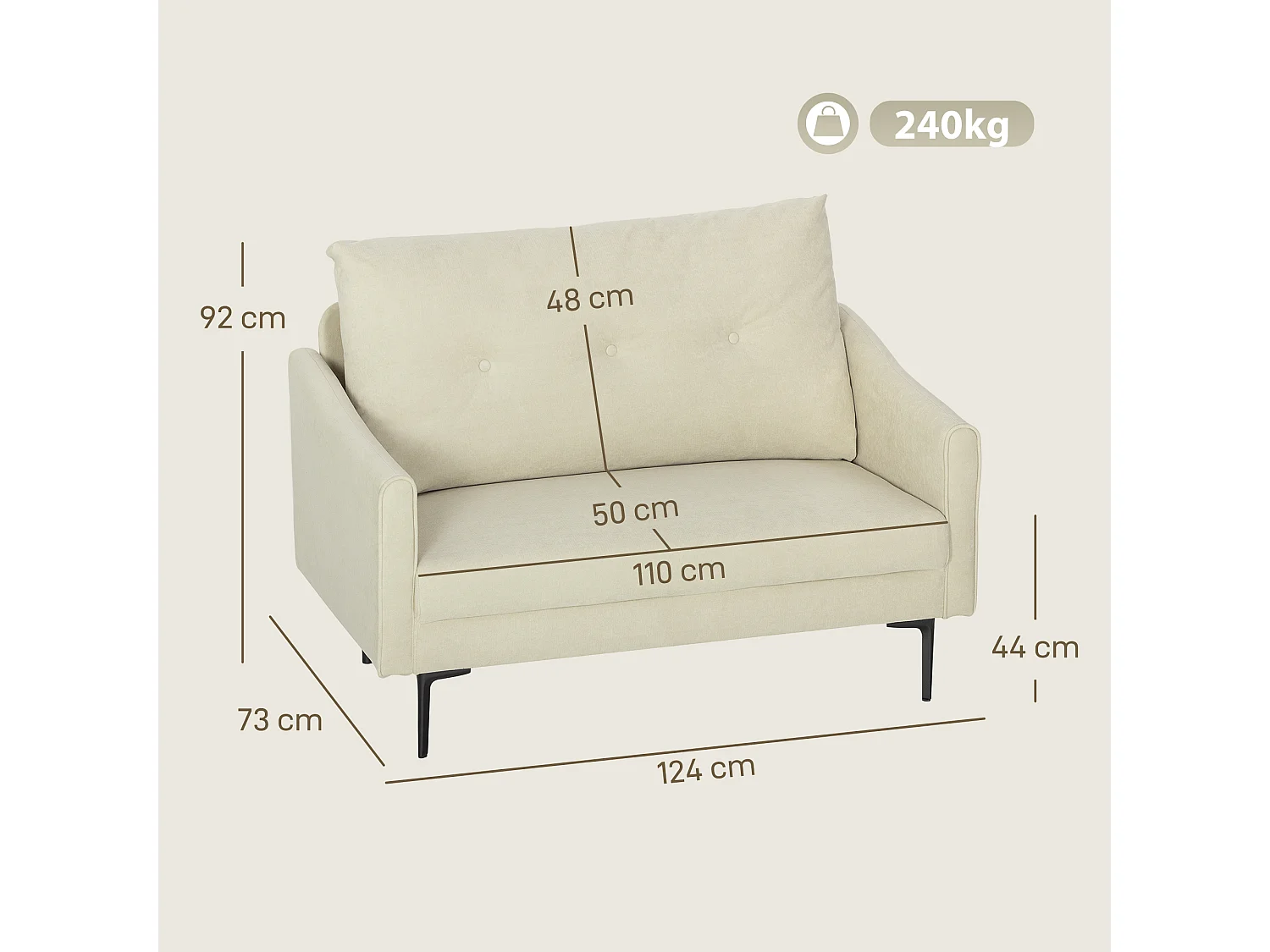 Divano 2 posti moderno con schienale trapuntato in velluto crema