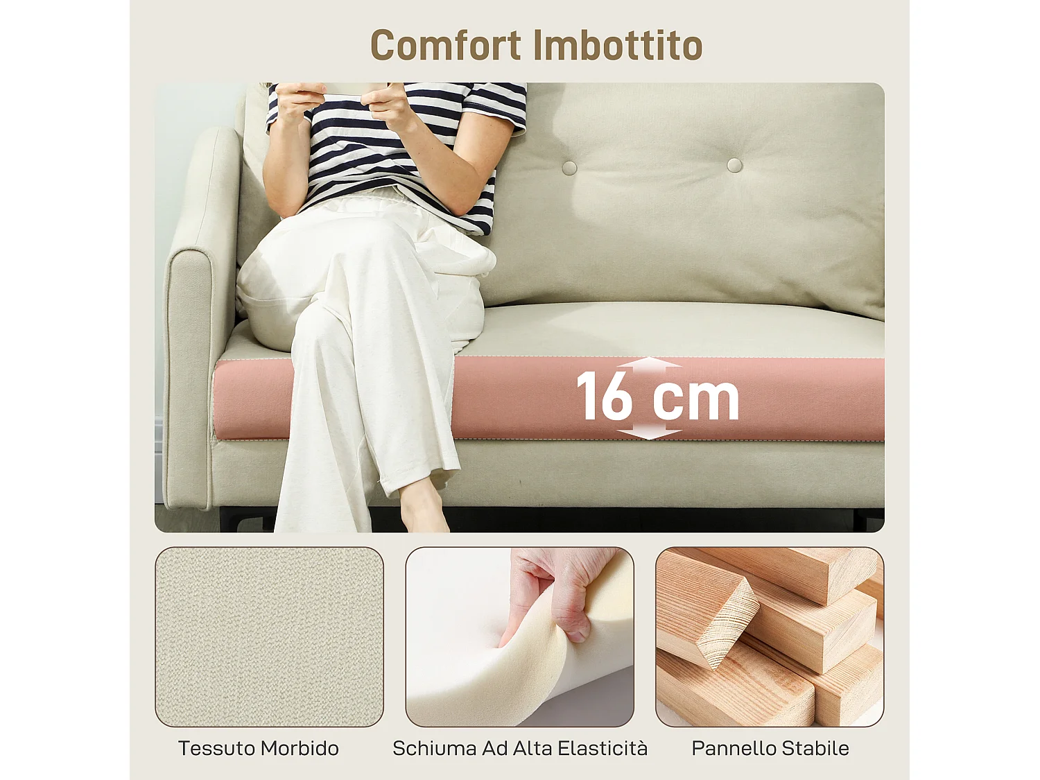 Divano 2 posti moderno con schienale trapuntato in velluto crema