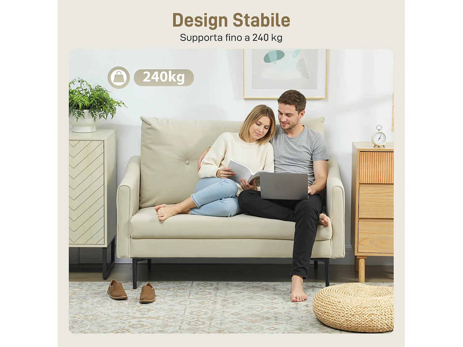 Divano 2 posti moderno con schienale trapuntato in velluto crema