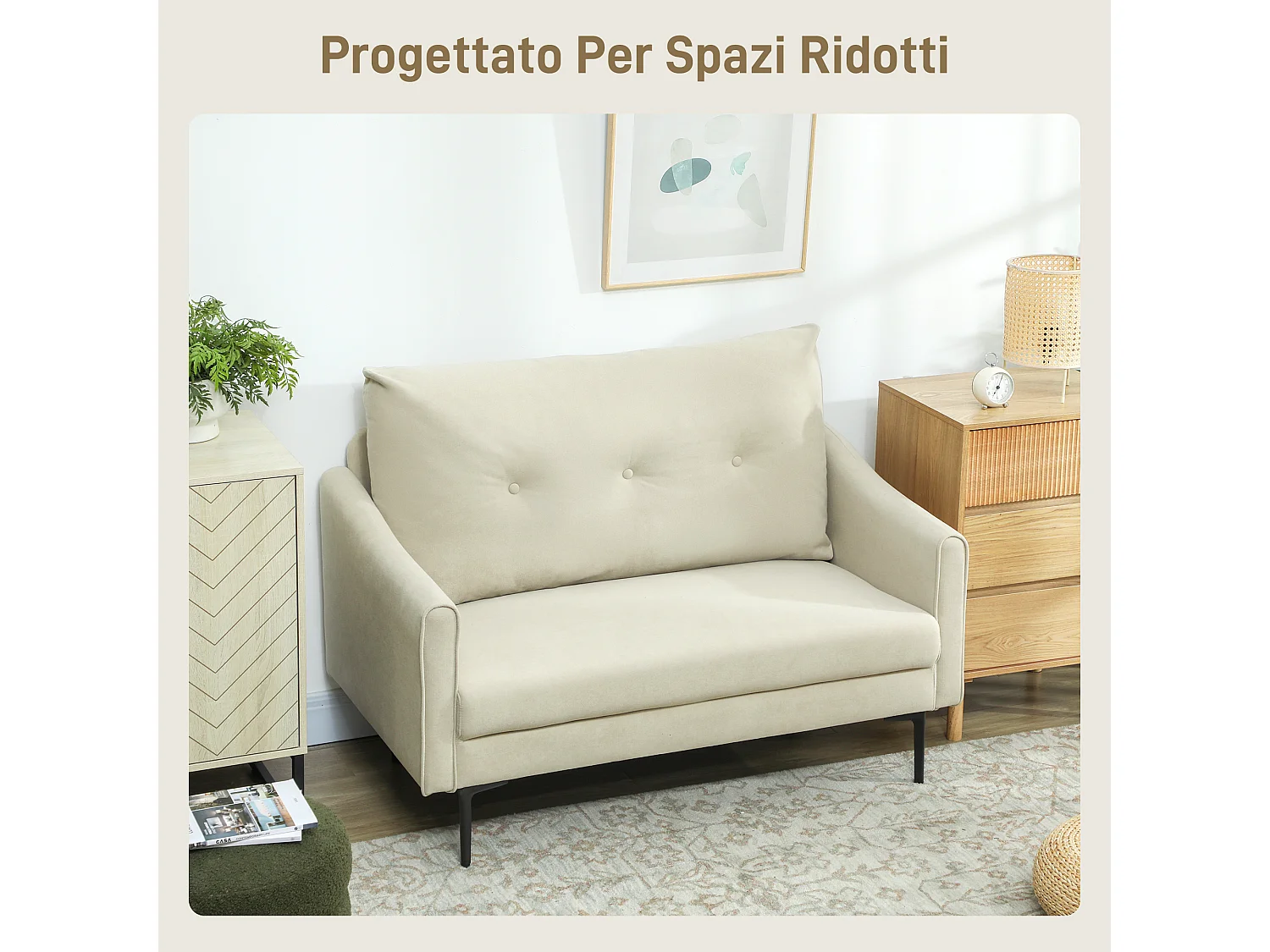 Divano 2 posti moderno con schienale trapuntato in velluto crema
