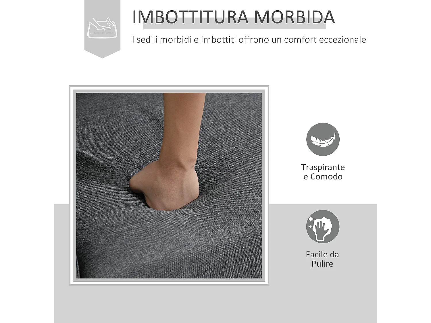 Divano 3 posti con seduta profonda e imbottitura spessa tessuto grigio