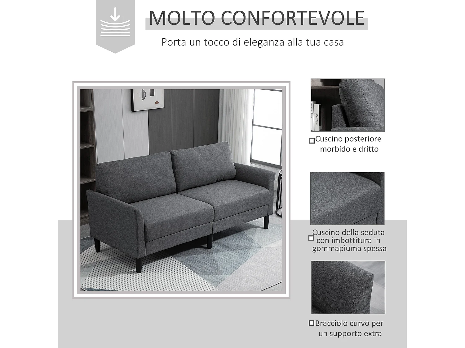 Divano 3 posti con seduta profonda e imbottitura spessa tessuto grigio