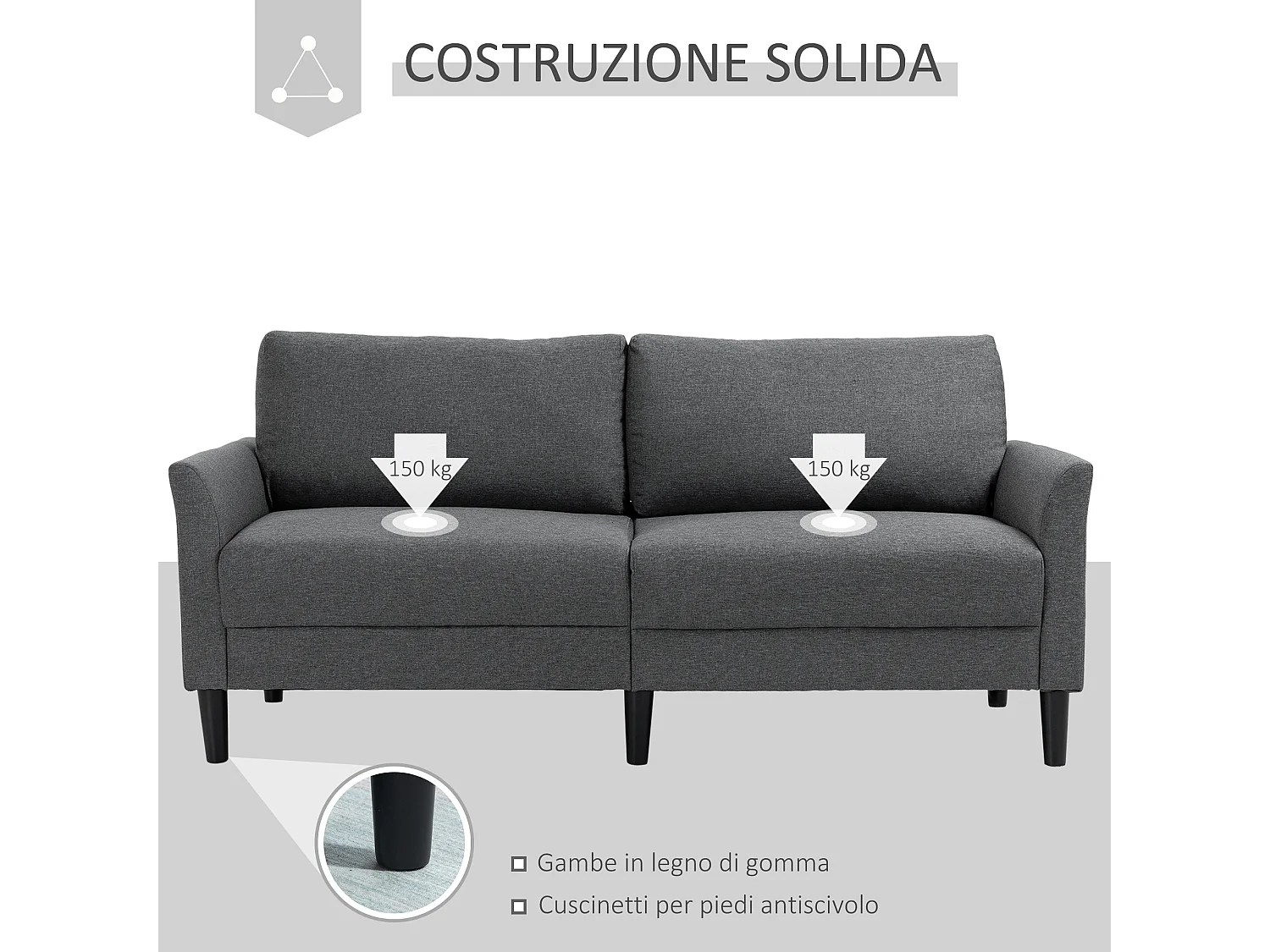 Divano 3 posti con seduta profonda e imbottitura spessa tessuto grigio