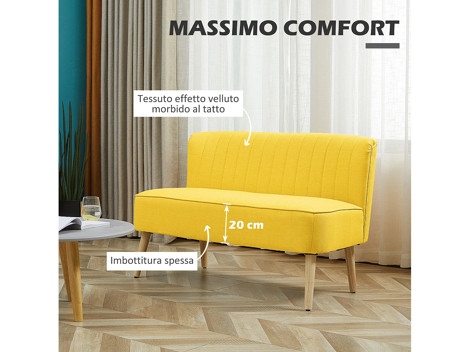 Divanetto 2 Posti Imbottito Salvaspazio Moderno con Gambe in Giallo