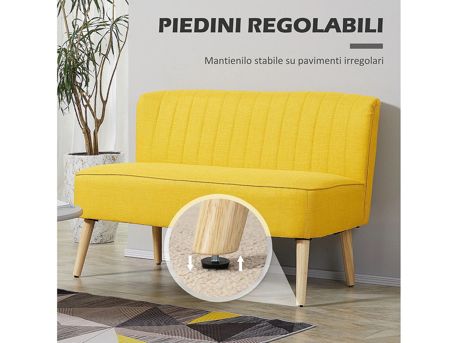 Divanetto 2 Posti Imbottito Salvaspazio Moderno con Gambe in Giallo