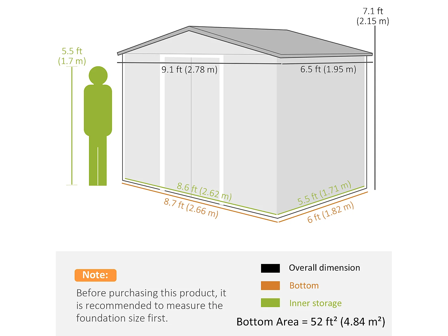 Casetta da giardino 4.84m² in acciaio zincato con fori di drenaggio prese d'aria