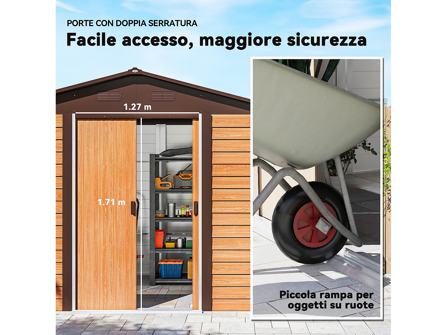 Casetta da giardino 4.84m² in acciaio zincato con fori di drenaggio prese d'aria