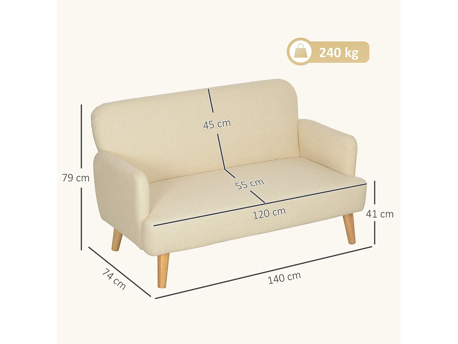 Divano 2 posti effetto velluto con gambe in legno bianco crema