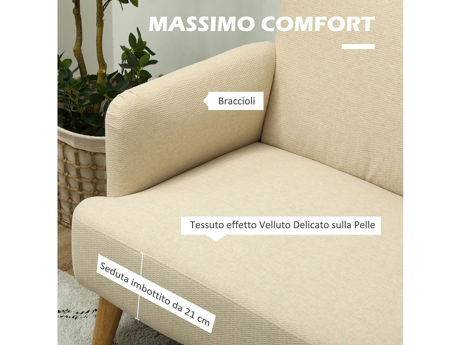 Divano 2 posti effetto velluto con gambe in legno bianco crema