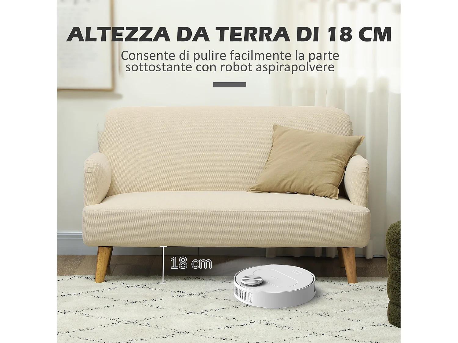 Divano 2 posti effetto velluto con gambe in legno bianco crema