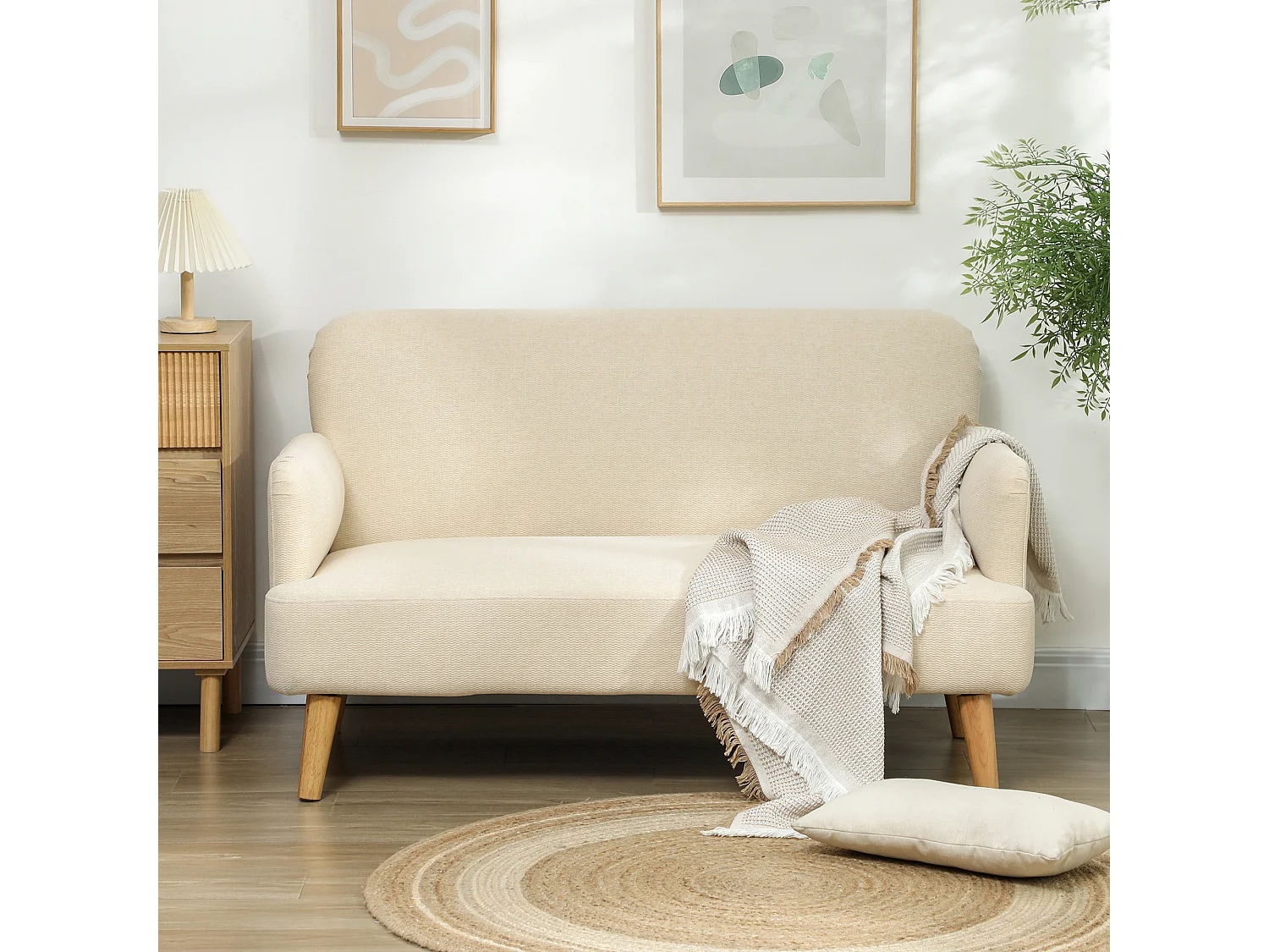 Divano 2 posti effetto velluto con gambe in legno bianco crema