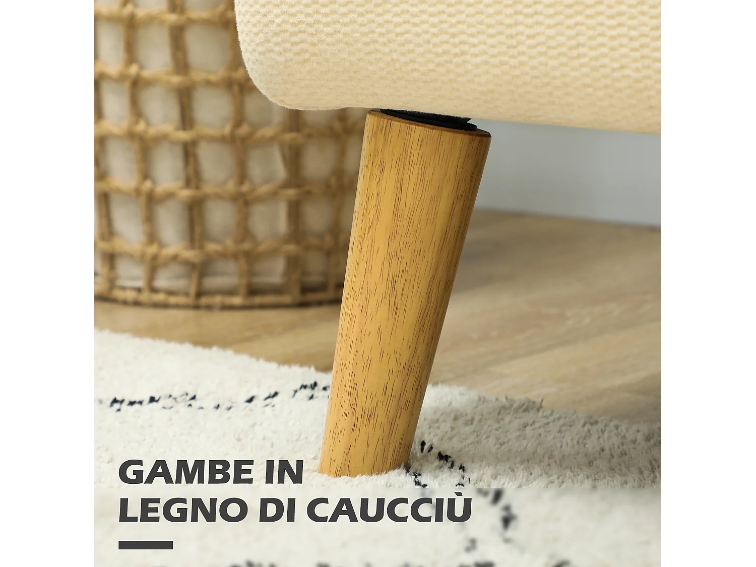 Divano 2 posti effetto velluto con gambe in legno bianco crema