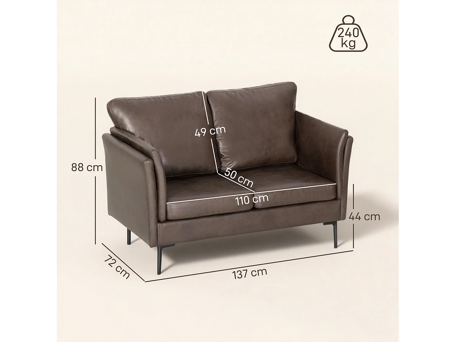 Divano 2 posti imbottito in pelle traspirante e metallo marrone scuro