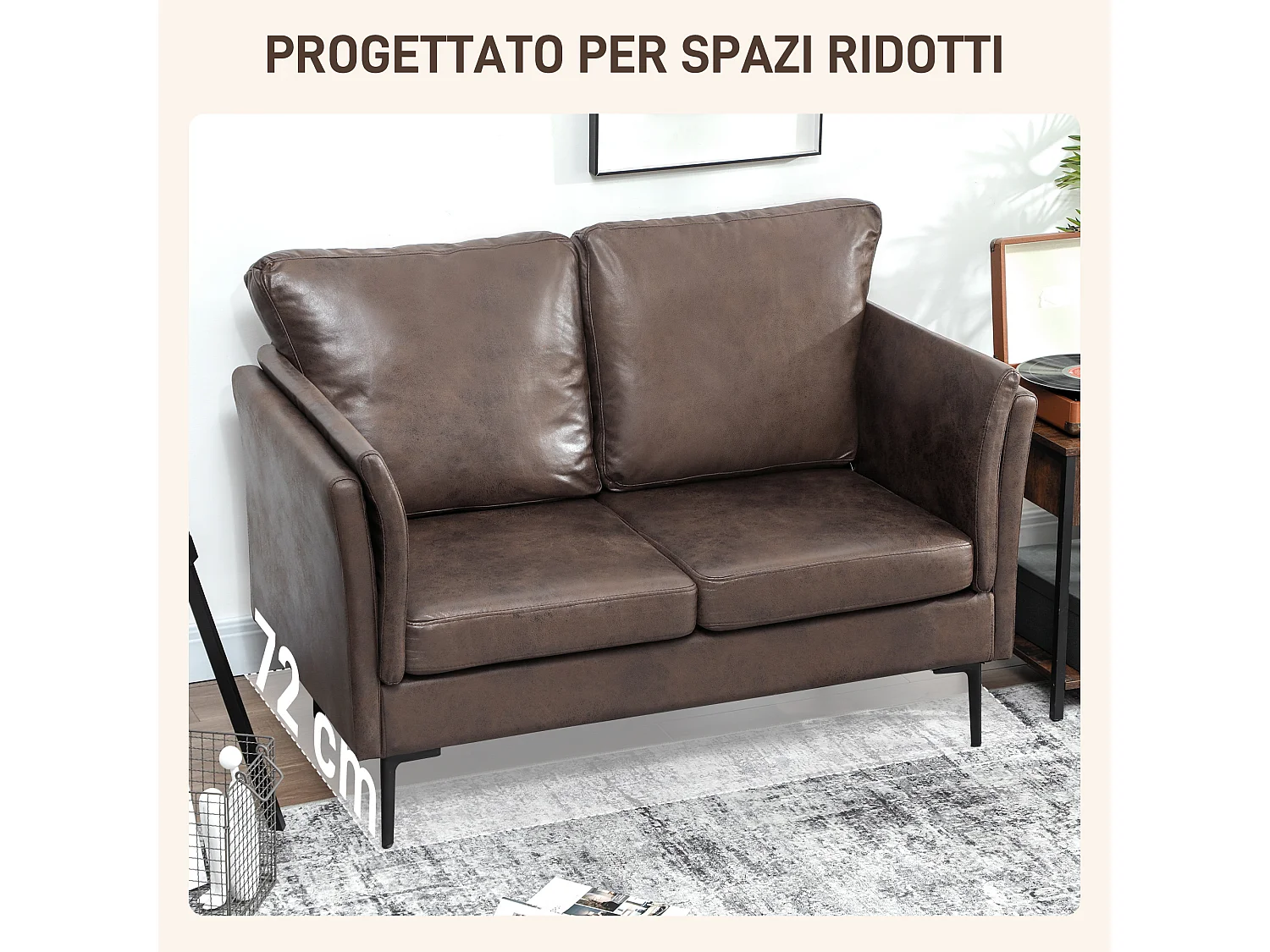 Divano 2 posti imbottito in pelle traspirante e metallo marrone scuro