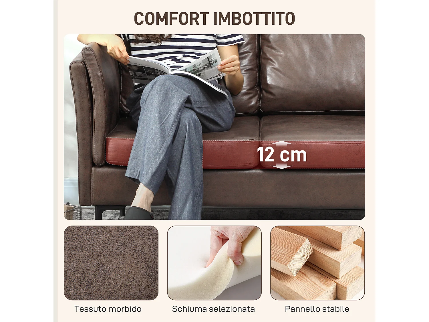 Divano 2 posti imbottito in pelle traspirante e metallo marrone scuro