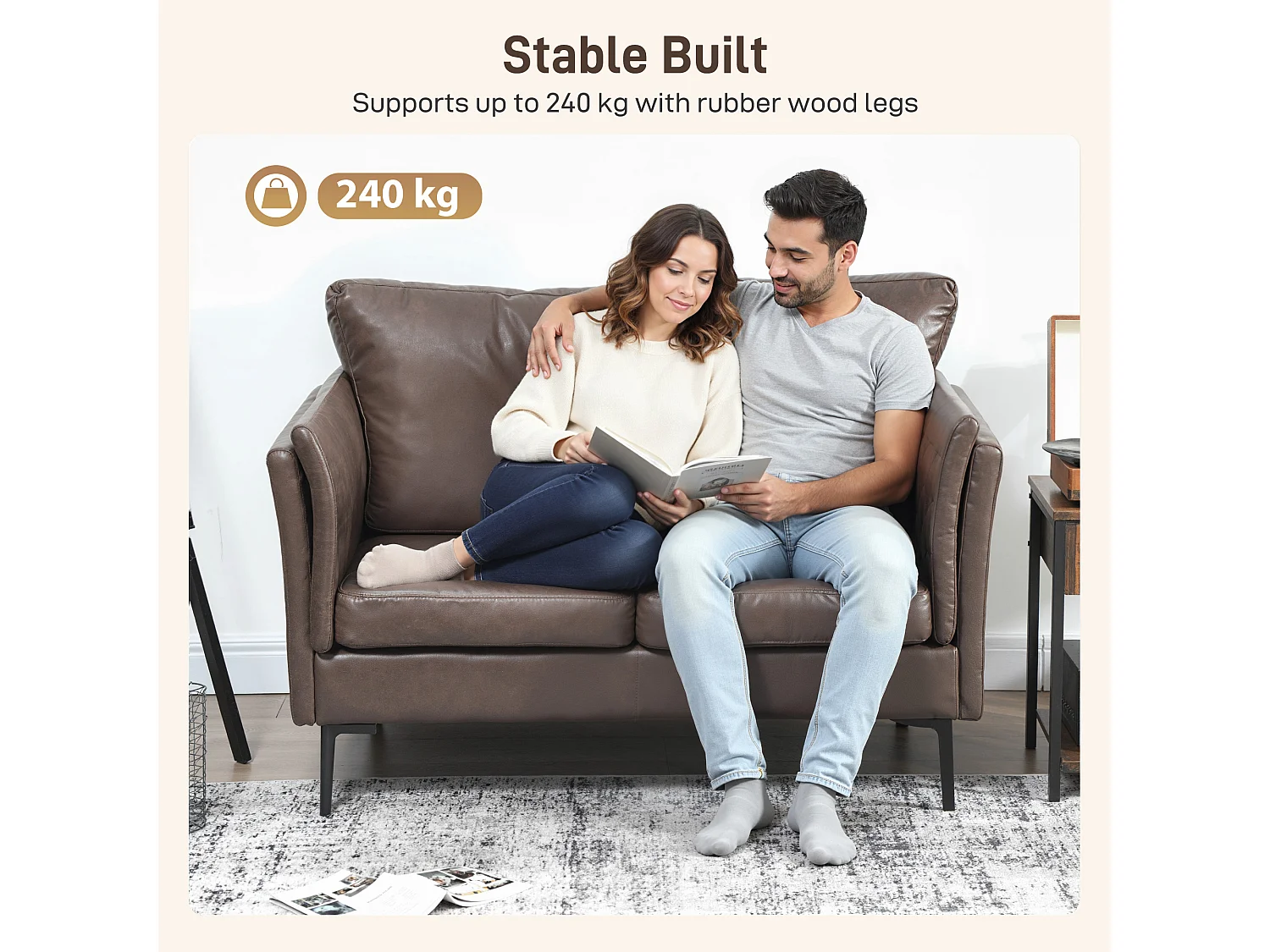 Divano 2 posti imbottito in pelle traspirante e metallo marrone scuro