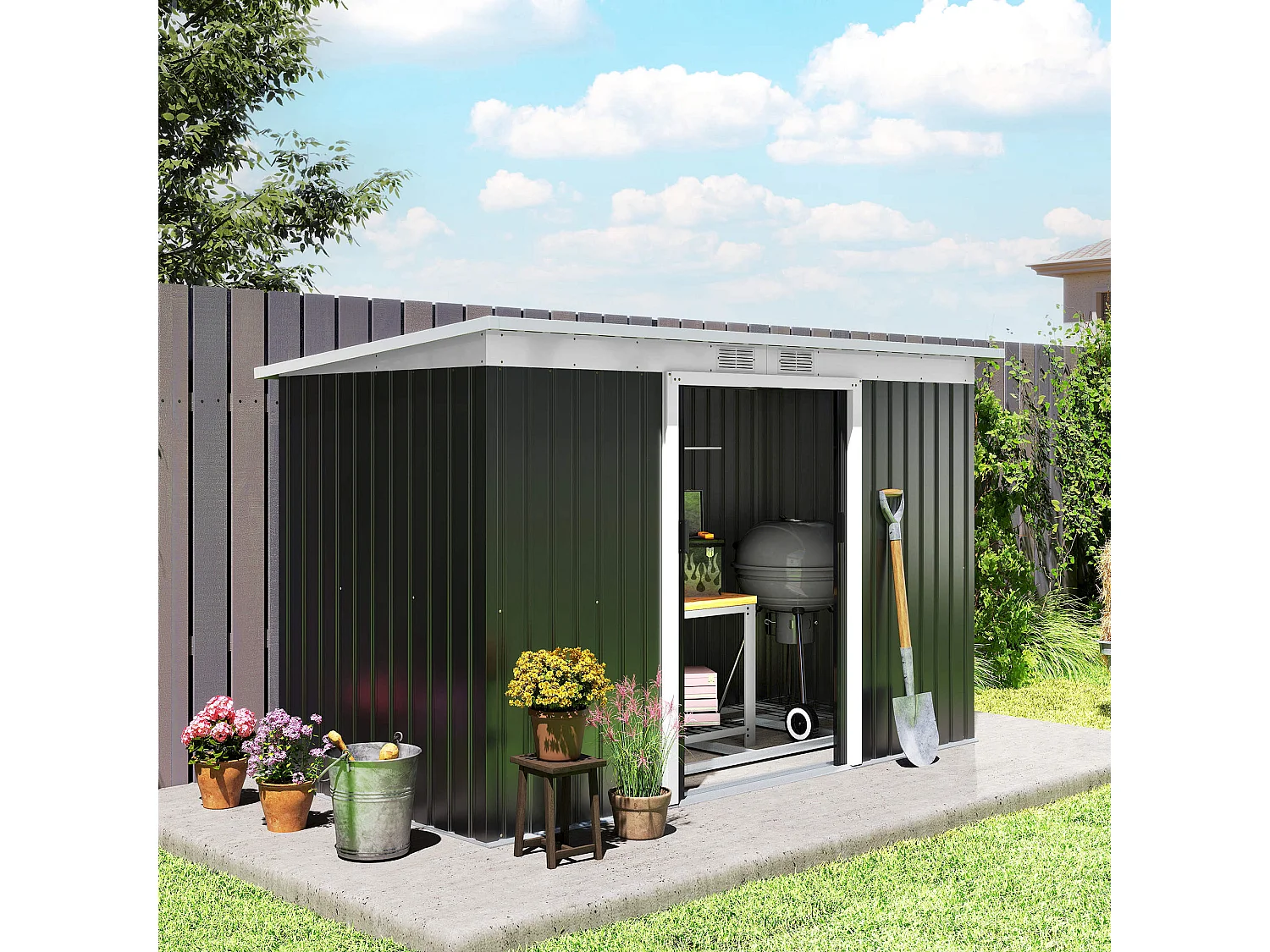 Casetta da giardino porta utensili in lamiera di acciaio con fondazione