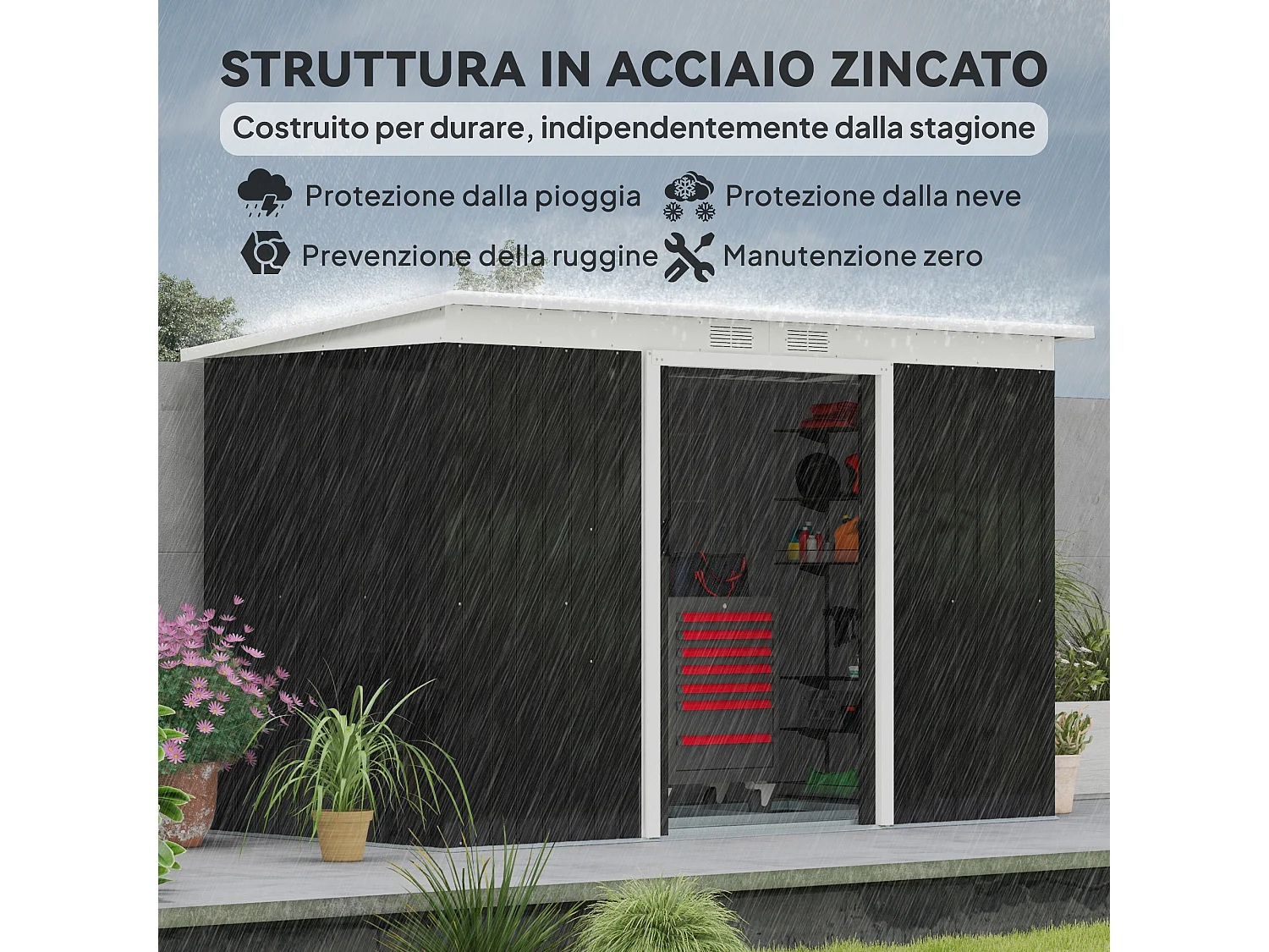 Casetta da giardino porta utensili in lamiera di acciaio con fondazione