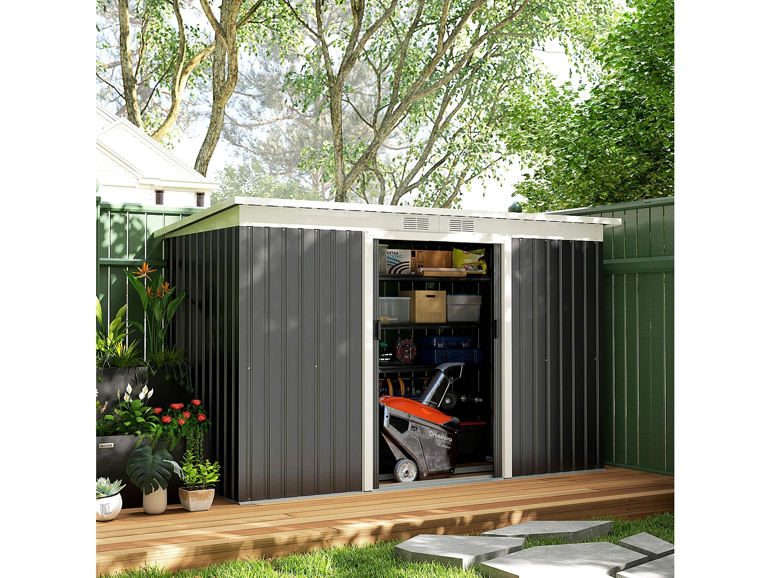 Casetta da giardino porta utensili in lamiera di acciaio con fondazione