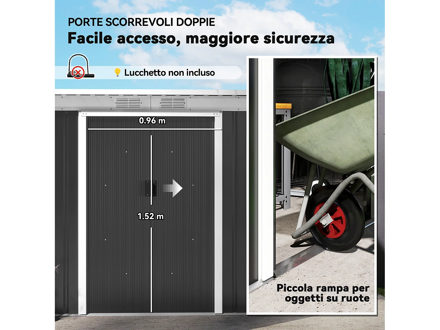 Casetta da giardino porta utensili in lamiera di acciaio con fondazione