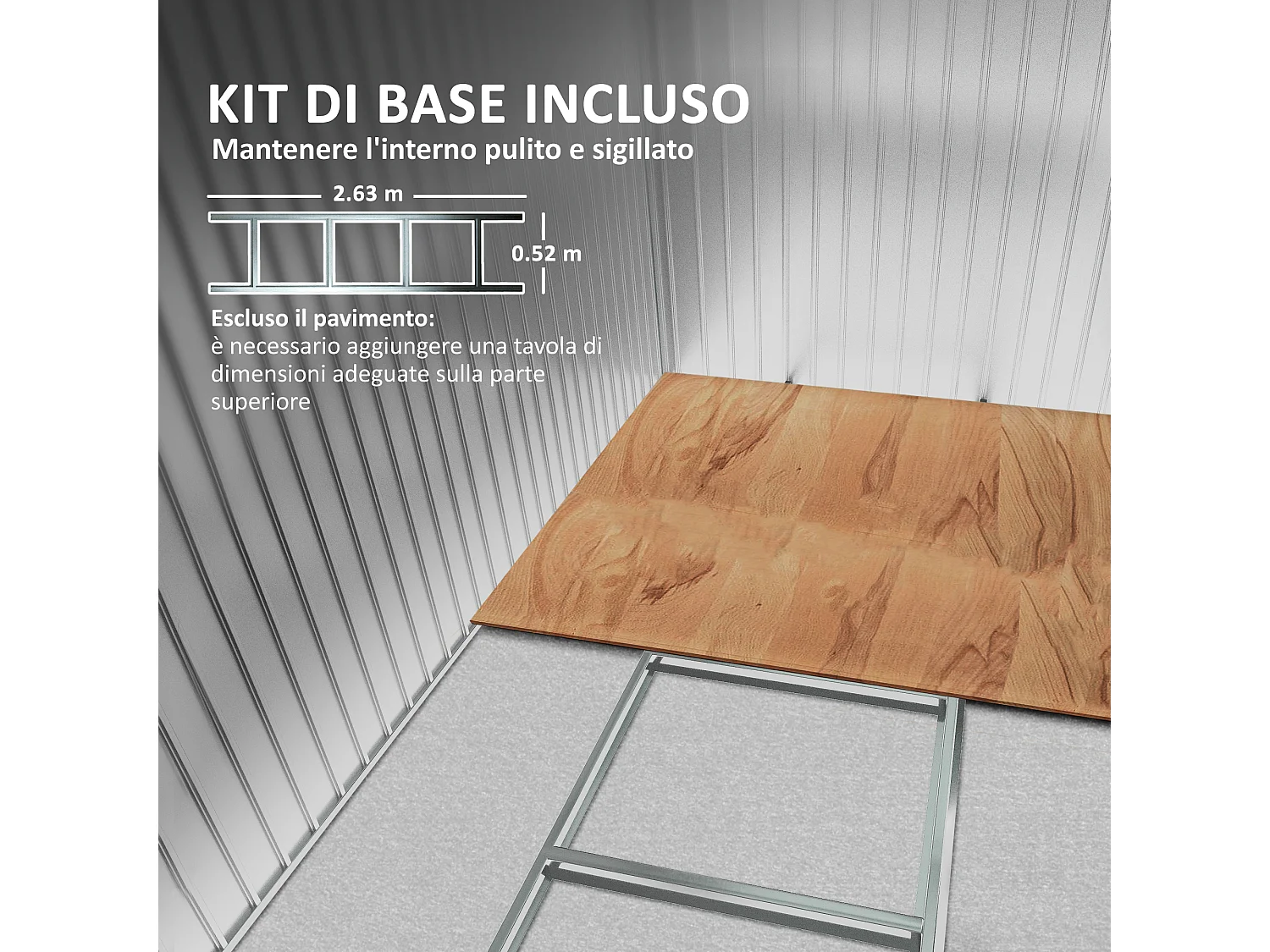 Casetta da giardino porta utensili in lamiera di acciaio con fondazione