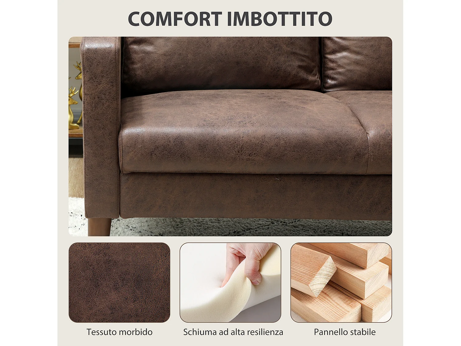 Divano 2 posti moderno in tessuto effetto pelle traspirante marrone