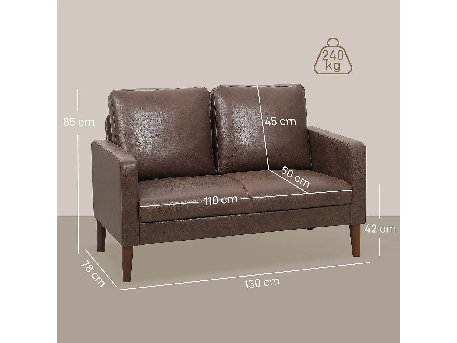 Divano 2 posti moderno in tessuto effetto pelle traspirante marrone