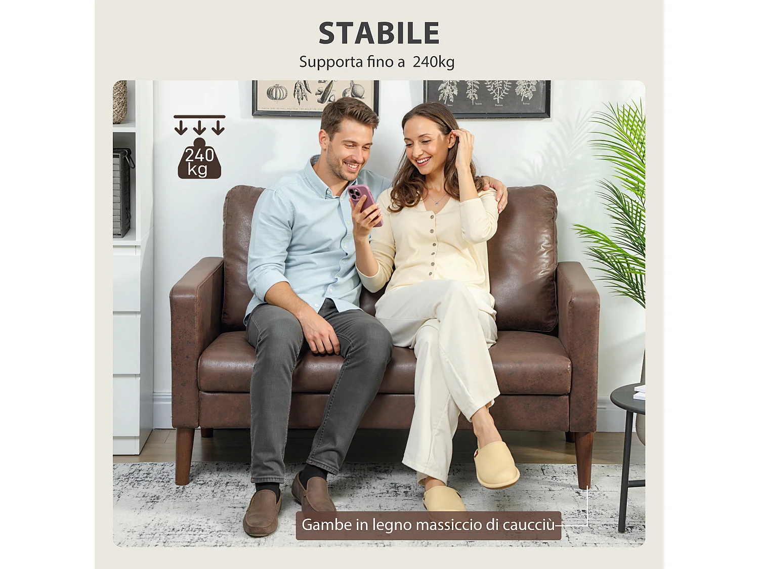 Divano 2 posti moderno in tessuto effetto pelle traspirante marrone