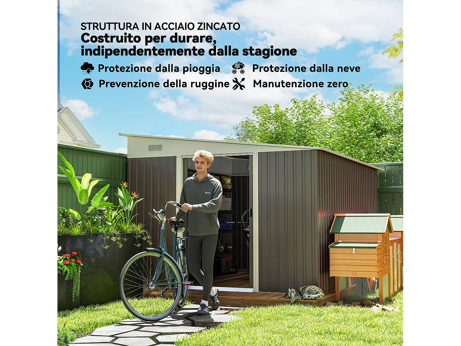 Casetta da giardino 8.9m² in acciaio zincato con 2 prese d'aria