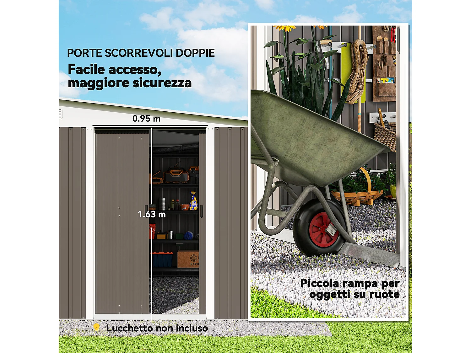Casetta da giardino 8.9m² in acciaio zincato con 2 prese d'aria