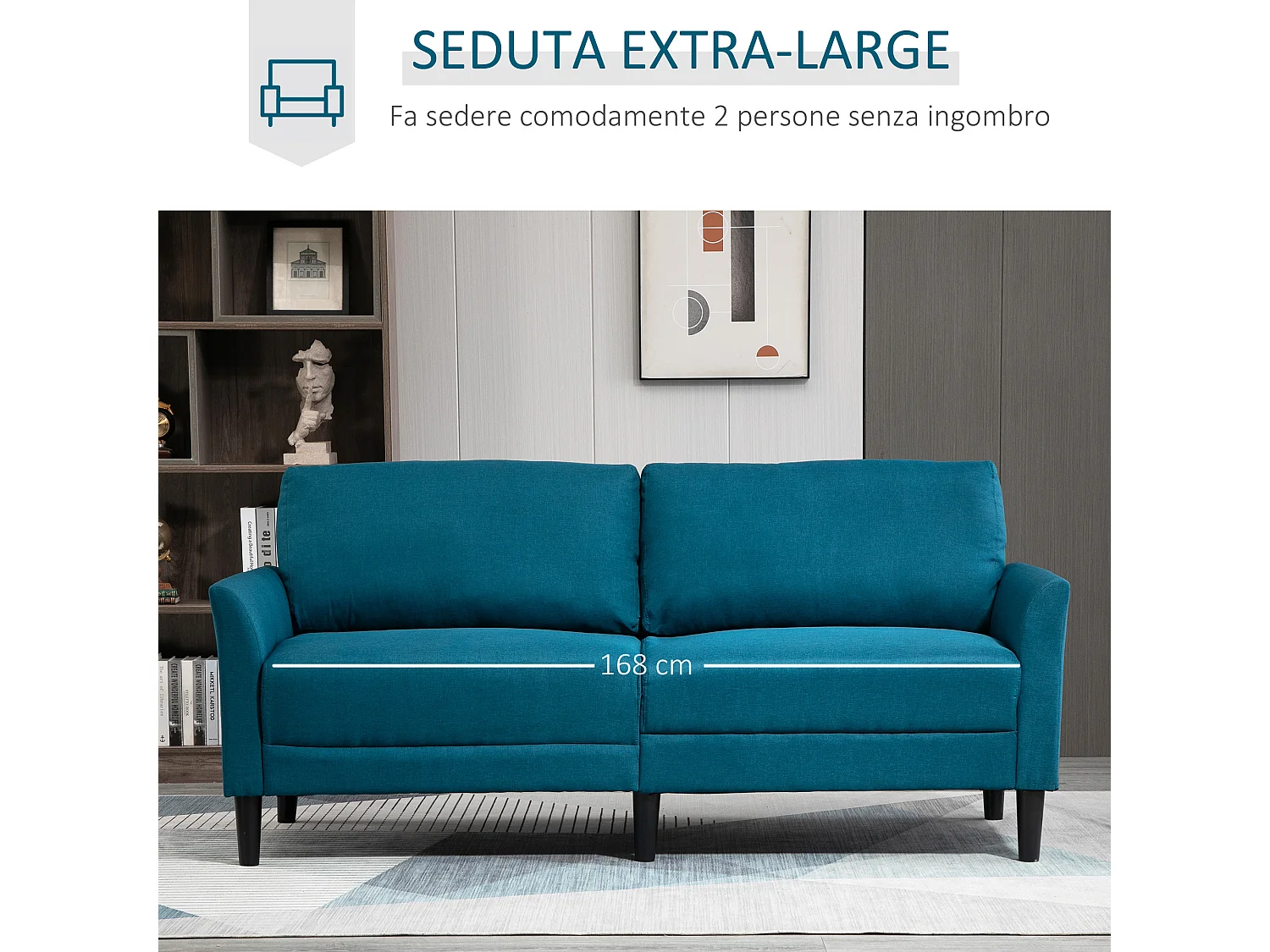 Divano 3 posti con seduta profonda e imbottitura spessa in tessuto blu