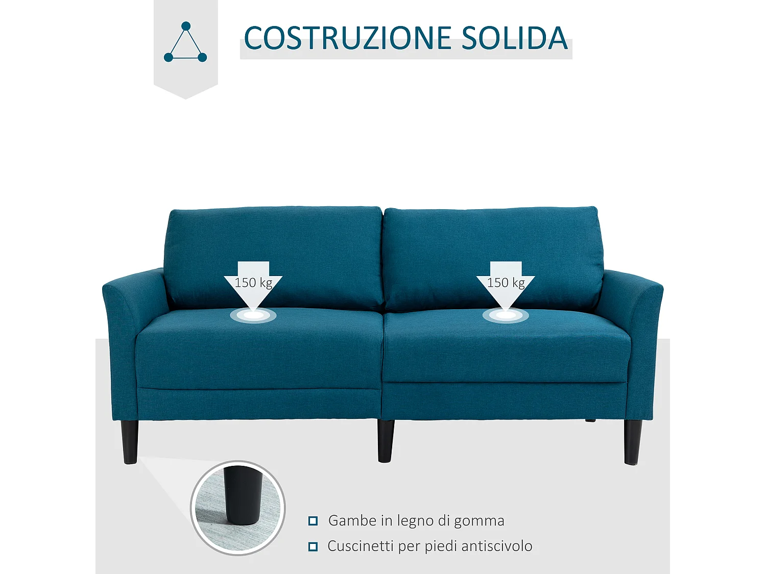 Divano 3 posti con seduta profonda e imbottitura spessa in tessuto blu