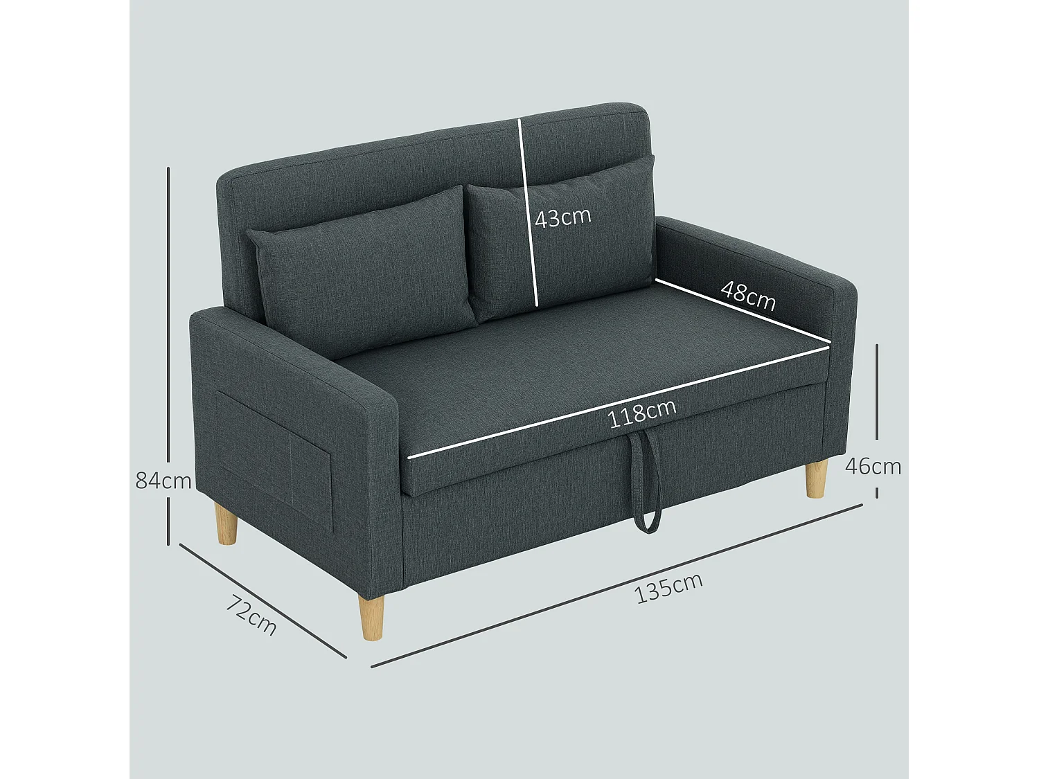 Divano 2 posti con area portaoggetti tasche laterali e cuscini grigio