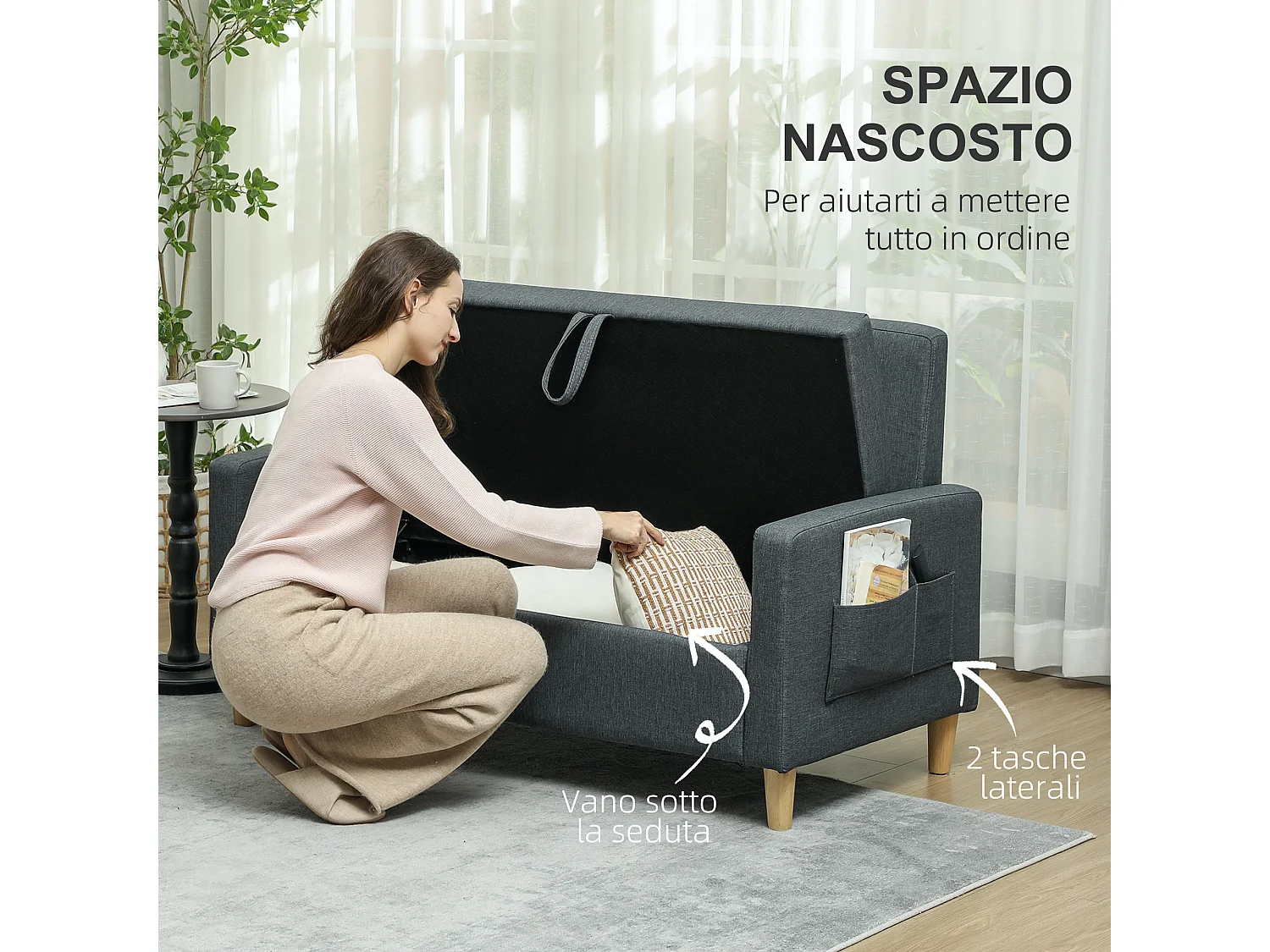 Divano 2 posti con area portaoggetti tasche laterali e cuscini grigio