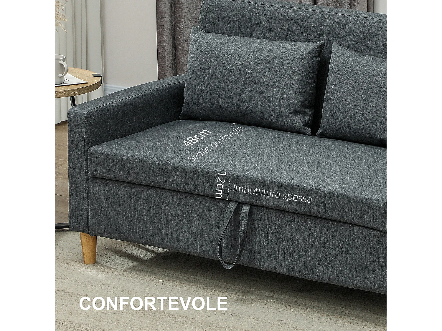 Divano 2 posti con area portaoggetti tasche laterali e cuscini grigio