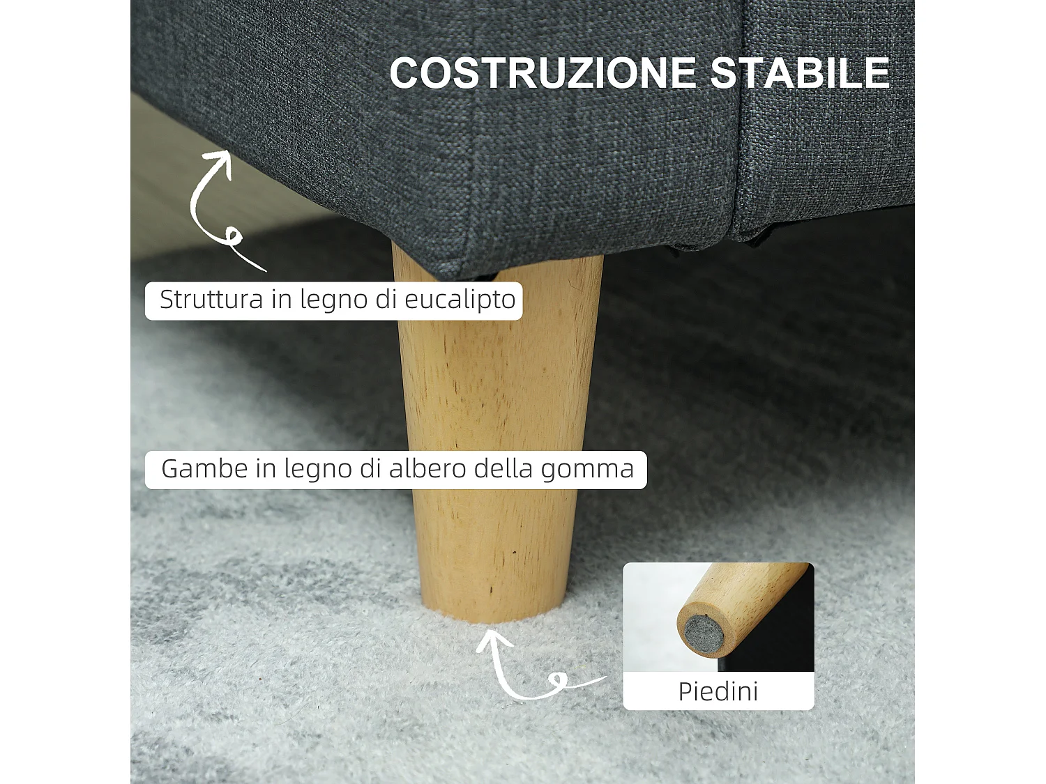 Divano 2 posti con area portaoggetti tasche laterali e cuscini grigio