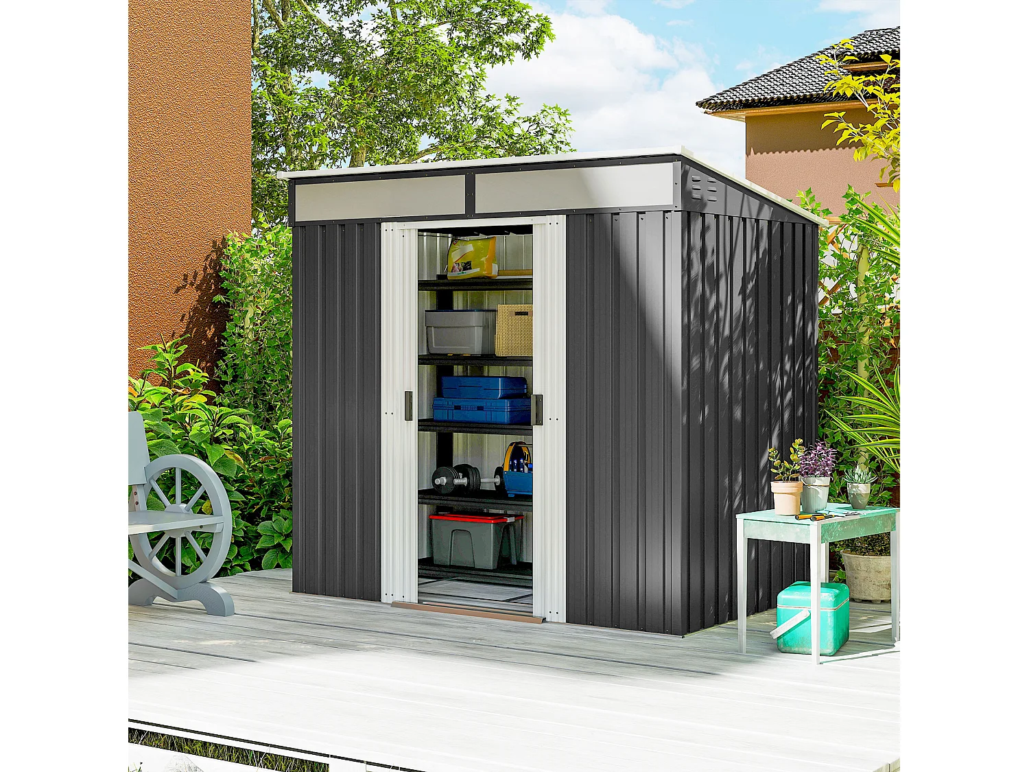 Casetta da giardino porta attrezzi in acciaio 1.2x2x1.8m con base