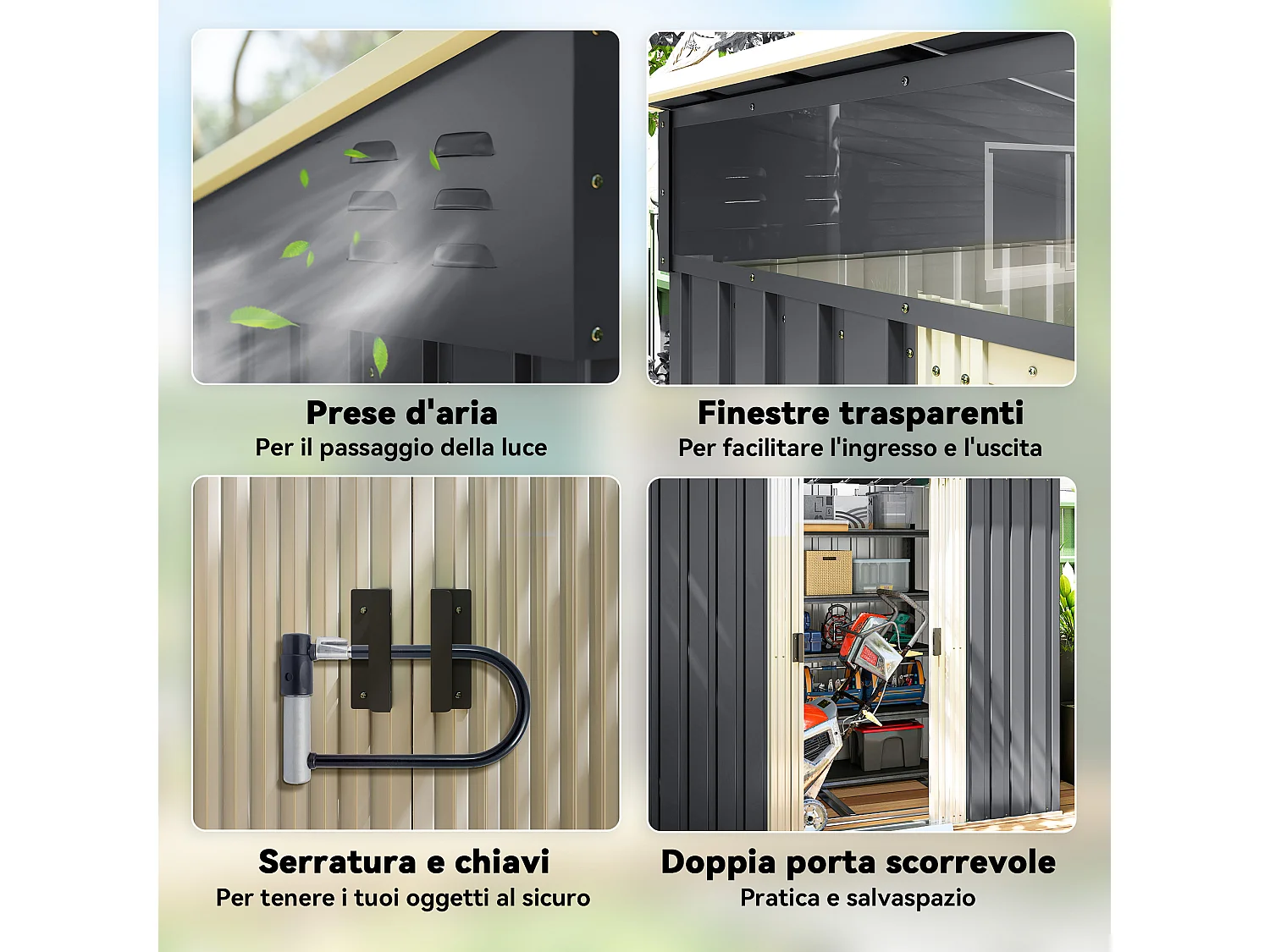 Casetta da giardino porta attrezzi in acciaio 1.2x2x1.8m con base