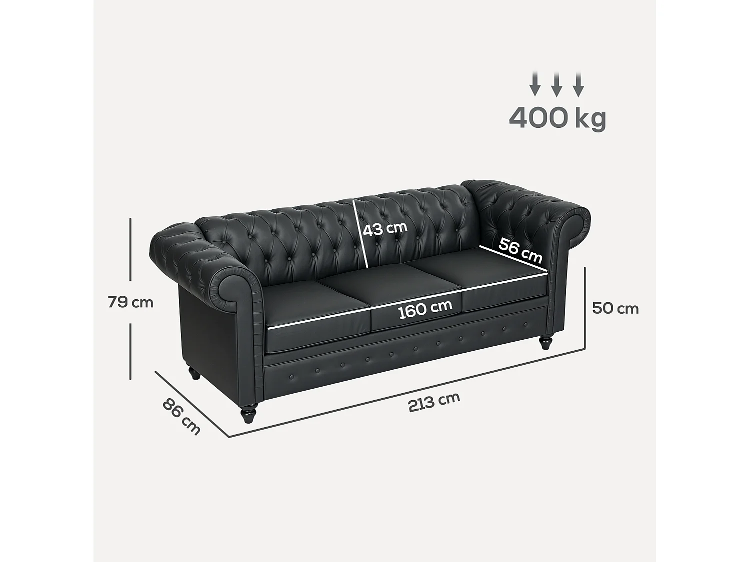 Divano 3 posti stile chesterfield trapuntato in finta pelle nero
