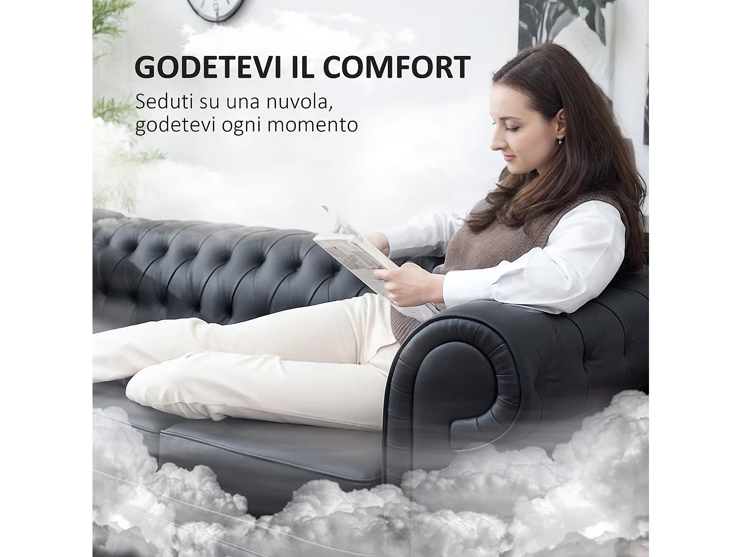 Divano 3 posti stile chesterfield trapuntato in finta pelle nero